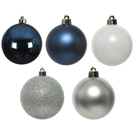 Decoris kerstballen - 30x - kunststof - donkerblauw/wit/zilver - 6 cm