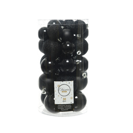 30x Black Christmas baubles 4-5-6 cm plastic matte/shiny/glitter