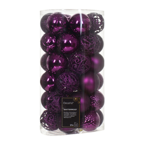 Decoris kerstballen - 37x - kunststof - paars - 6 cm