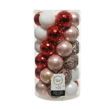 Decoris kerstballen - 37x st - lichtroze/rood/wit - 6 cm - kunststof - kerstversiering
