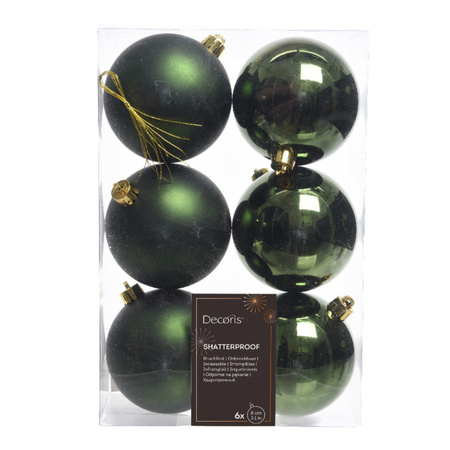 6x Dark green Christmas baubles 8 cm plastic matte/shiny