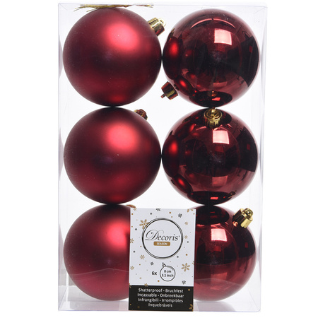 Decoris Kerstballen - 6 st - Donkerrode - kunststof mat/glans 8 cm