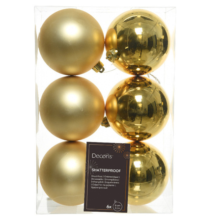 6x Gold Christmas baubles 8 cm plastic matte/shiny