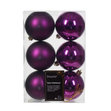 Decoris kerstballen - 6x - kunststof - paars - 8 cm