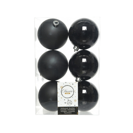 Decoris kerstballen - 6x st - zwart - 8 cm - kunststof - mat en glans - kerstversiering