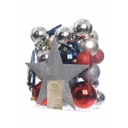 Christmas baubles set silver/red/blue 33 pieces