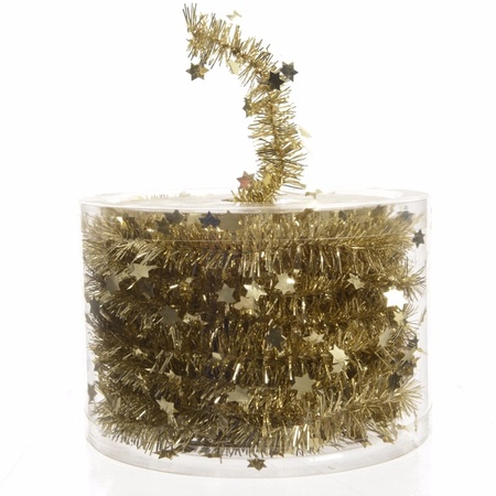 Decoris Kerstslinger-guirlande - met sterren - goud - glanzende lametta - 700 cm