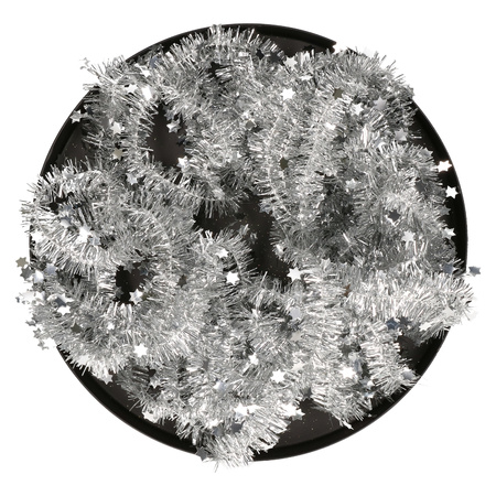 Decoris Kerstslinger-guirlande - met sterren - zilver - glanzende lametta - 700 cm