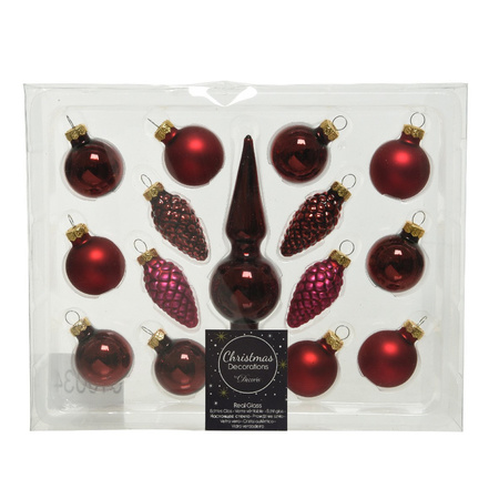 Donkerrode glazen kerstballen 3 cm en piek set voor mini kerstboom 15-dlg