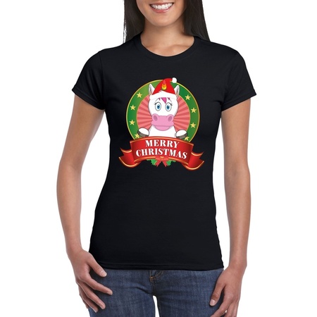 Eenhoorn Kerst t-shirt zwart Merry Christmas voor dames