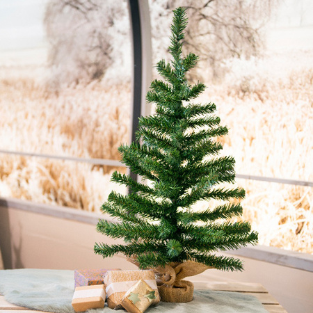 Kleine kerstboom in jute zak inclusief verlichting 75 cm