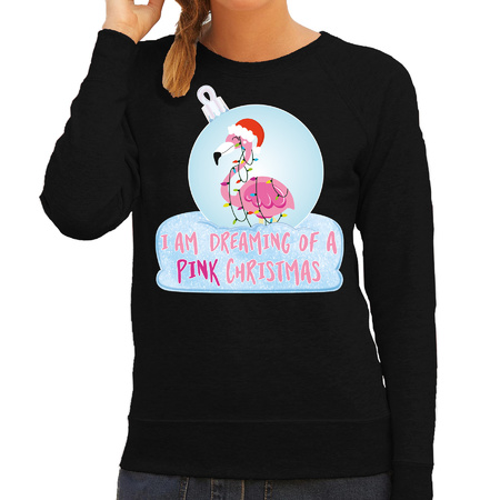 Flamingo Kerstbal sweater / Kerst outfit I am dreaming of a pink Christmas zwart voor dames