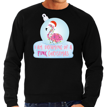 Flamingo Kerstbal sweater / Kerst outfit I am dreaming of a pink Christmas zwart voor heren