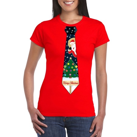 Fout kerst t-shirt rood met kerstboom stropdas voor dames
