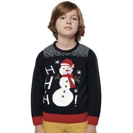 Ugly knitted Christmas sweater navy snowman print for kids