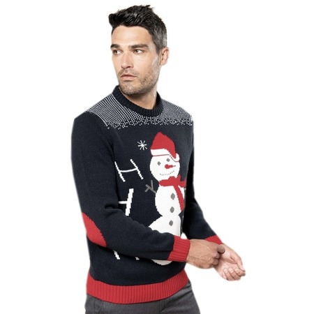 Ugly knitted Christmas sweater navy snowman print for adults