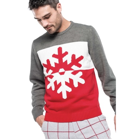 Ugly knitted Christmas sweater grey/red with snowflake for men