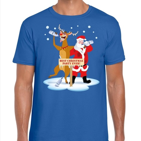 Foute Kerst t-shirt dronken kerstman en Rudolf blauw heren