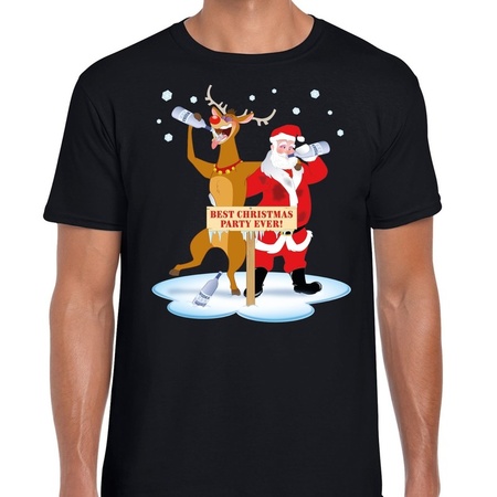 Foute Kerst t-shirt dronken kerstman en Rudolf zwart heren