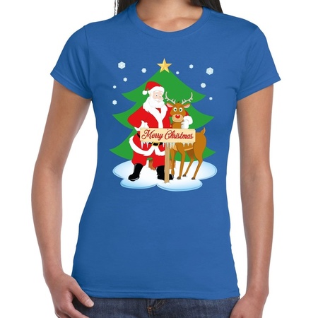 Foute Kerst t-shirt kerstman en rendier Rudolf blauw dames