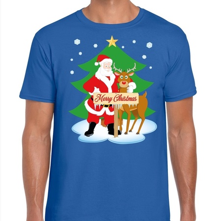 Foute Kerst t-shirt kerstman en rendier Rudolf blauw heren