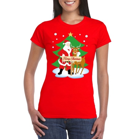 Foute Kerst t-shirt kerstman en rendier Rudolf rood dames
