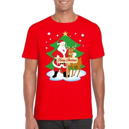 Foute Kerst t-shirt kerstman en rendier Rudolf rood heren