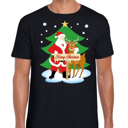 Foute Kerst t-shirt kerstman en rendier Rudolf zwart heren