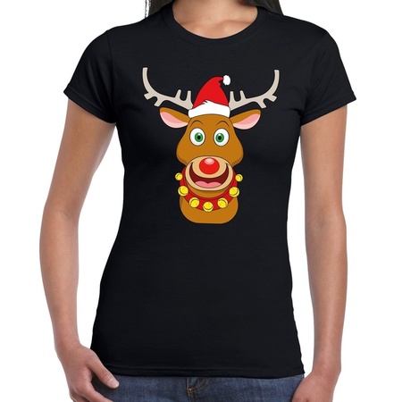 Foute Kerst t-shirt  rendier Rudolf rode muts zwart dames