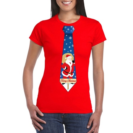 Foute Kerst t-shirt stropdas met kerstman print rood voor dames