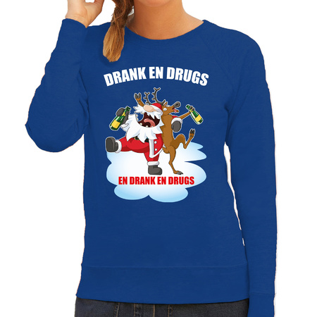 Foute Kerstsweater / outfit Drank en drugs blauw voor dames