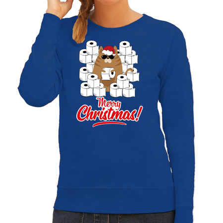 Foute Kerstsweater / outfit met hamsterende kat Merry Christmas blauw voor dames