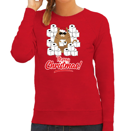 Foute Kerstsweater / outfit met hamsterende kat Merry Christmas rood voor dames