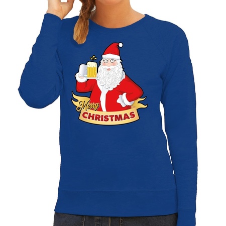 Christmas sweater blue with Santa and a beer for women