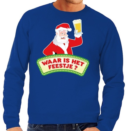Christmas sweater blue Waar is het Feestje for men