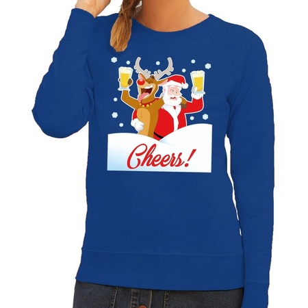 Christmas sweater cheers with drunk Santa blue women