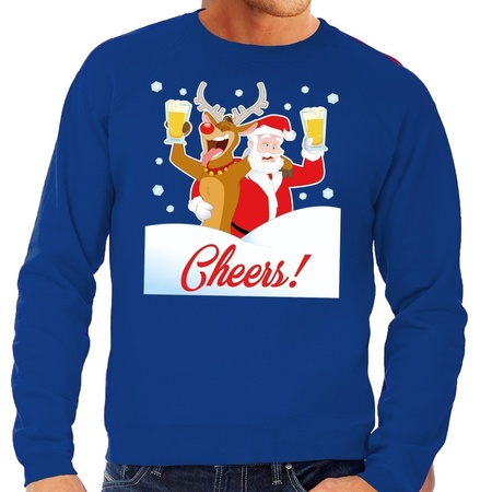 Christmas sweater cheers with drunk Santa blue men