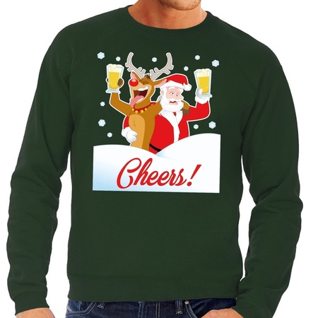 Christmas sweater cheers with drunk Santa green men