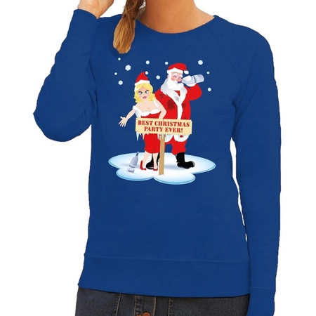 Christmas sweater drunk Santa + wife blue woman