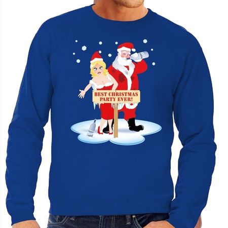 Christmas sweater drunk Santa + wife blue men