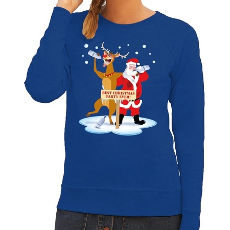 Christmas sweater drunk Santa + Rudolph blue woman
