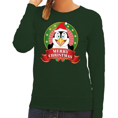 Merry Christmas green sweater penguin for ladies