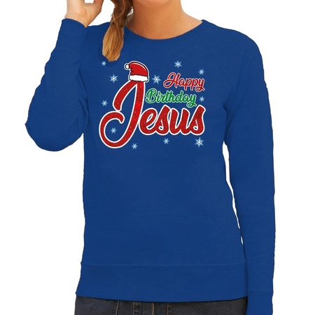 Christmas sweater Happy Birthday Jesus blue for women