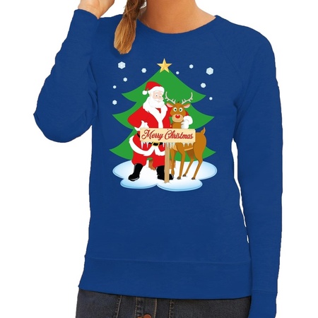Merry Christmas sweater Santa + Rudolph blue woman
