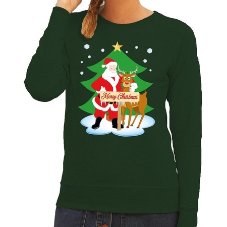 Merry Christmas sweater Santa + Rudolph green woman