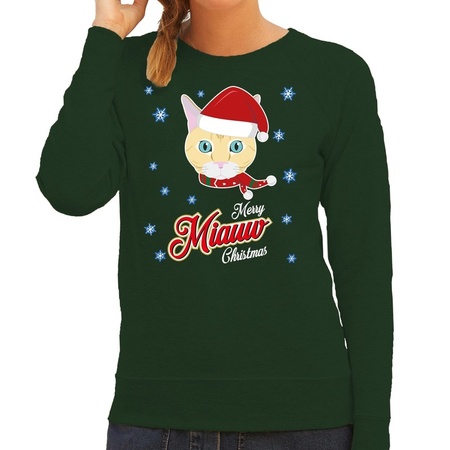 Christmas sweater Merry Miauw Christmas green for women