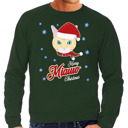 Christmas sweater Merry Miauw Christmas green for men