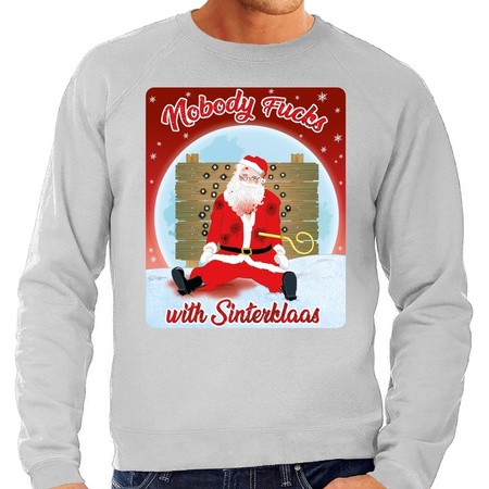 Christmas sweater Nobody fucks with Sinterklaas grey for men