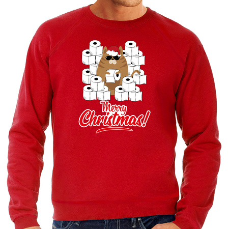 Foute Kersttrui / outfit met hamsterende kat Merry Christmas rood voor heren