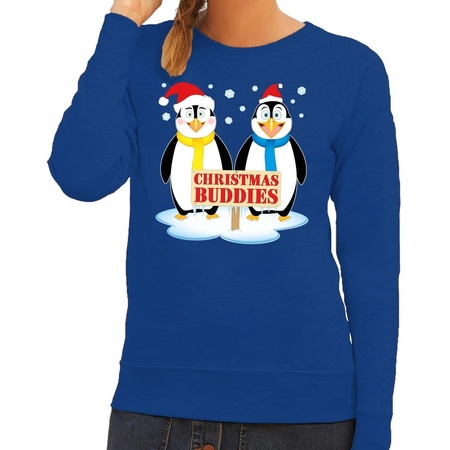 Christmas sweater penguin friends blue woman